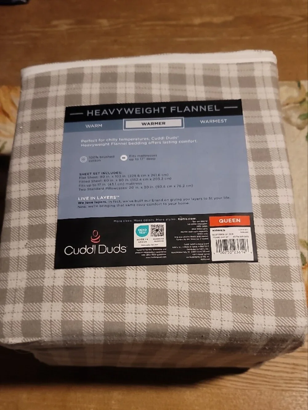 Cuddl Duds Gray Plaid Heavyweight Flannel Sheet Set - Queen